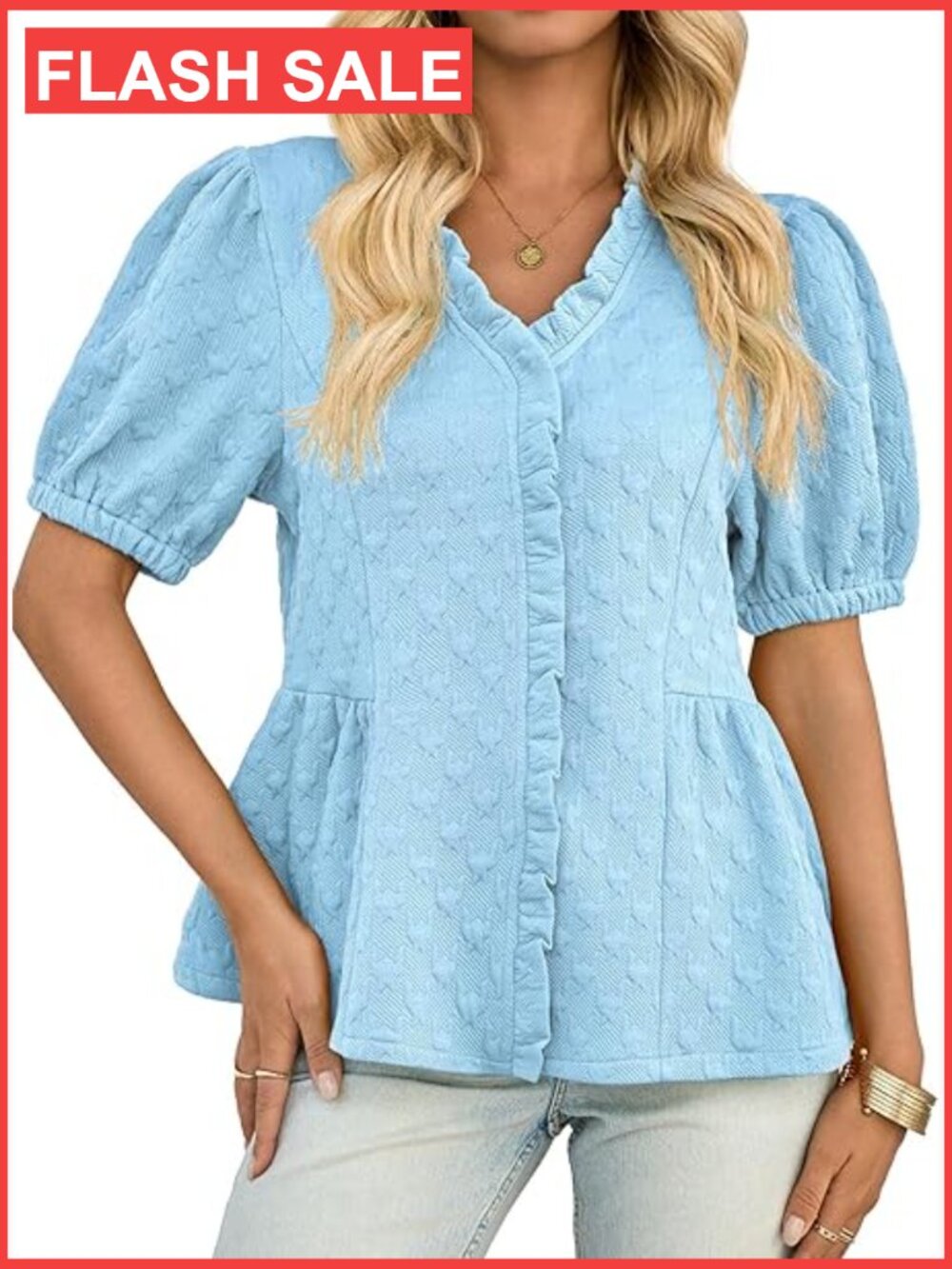 Loose Fit Peplum Puff Sleeve Blouse V Neck Ruffle Top